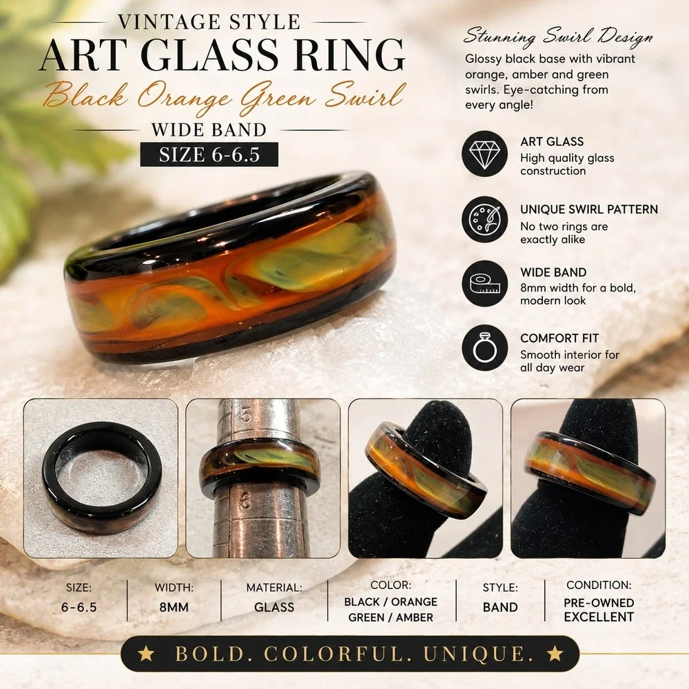 Vintage Style Art Glass Ring Black Orange Green Swirl Wide Band Size 6-6.5